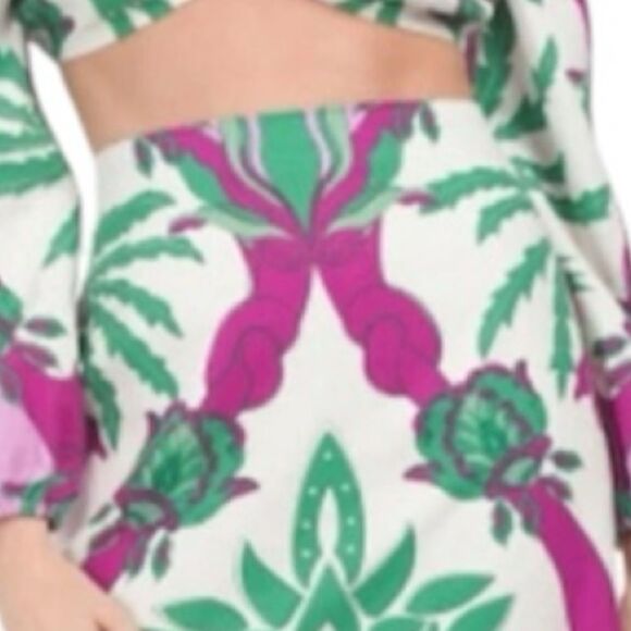 New Caroline Constas multicolor palm tropical Linen Pink Green Midi Skirt Medium - Picture 3 of 13